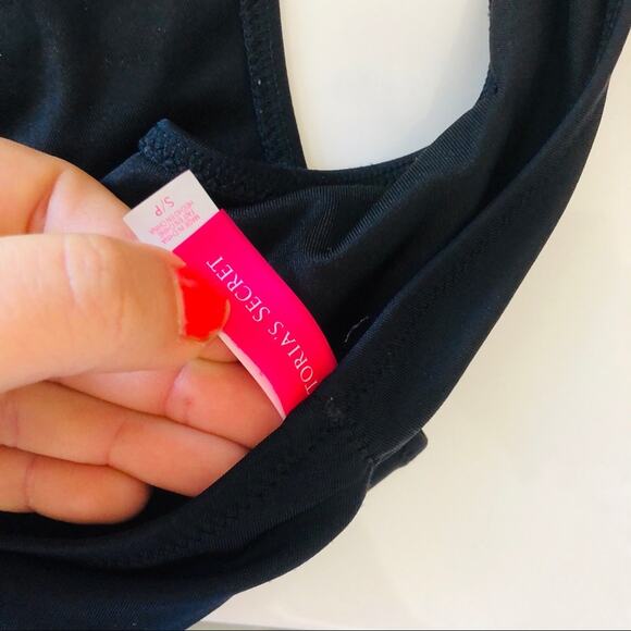 VICTORIAS SECRET Black Fringe Halter Tie Top Bikini Cheeky Bottom Swimsuit S - Picture 6 of 7